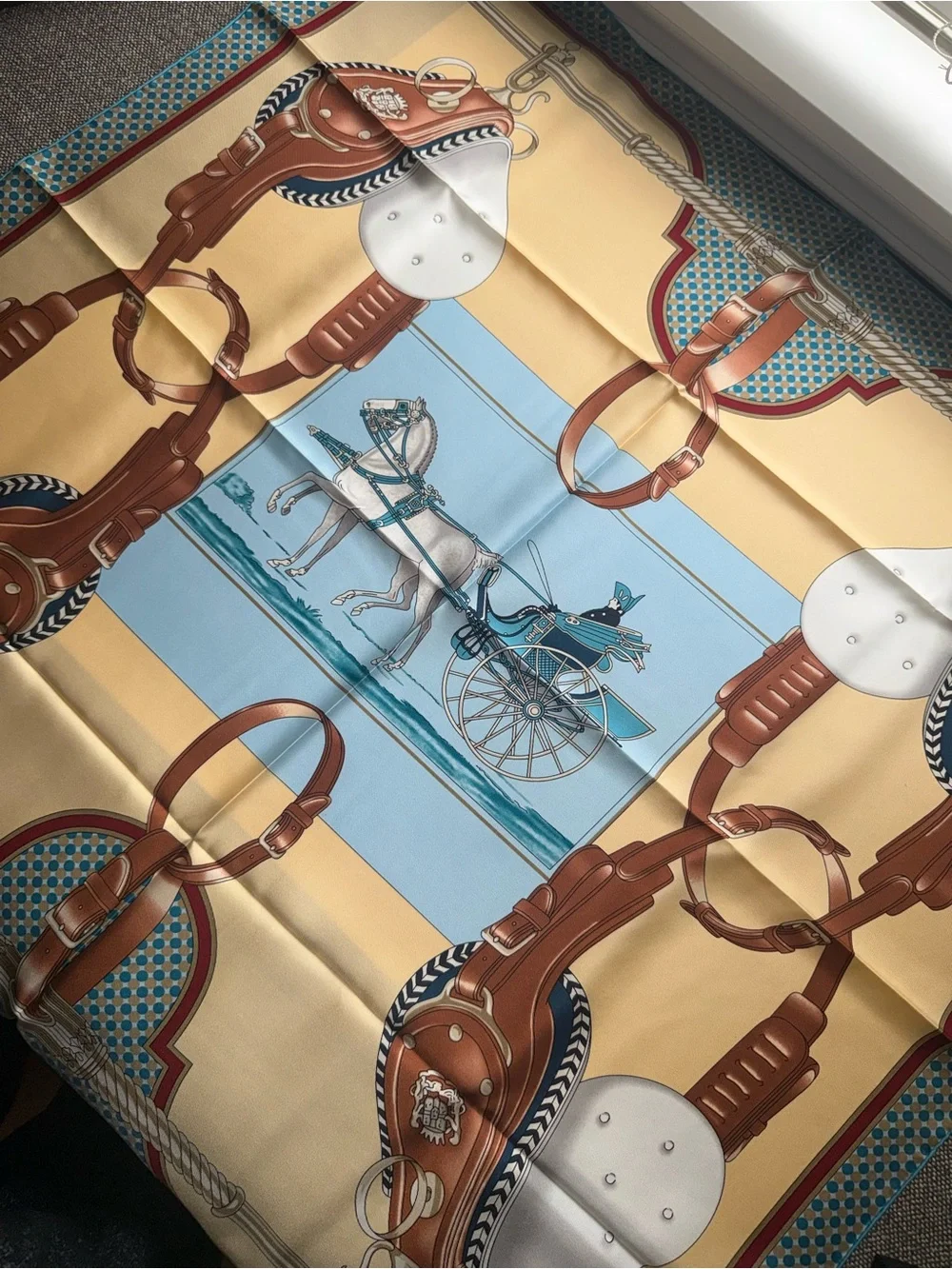 NEW Carolina Lemke Equestrian Horse Carriage Motif Silk Scarf Western Chic